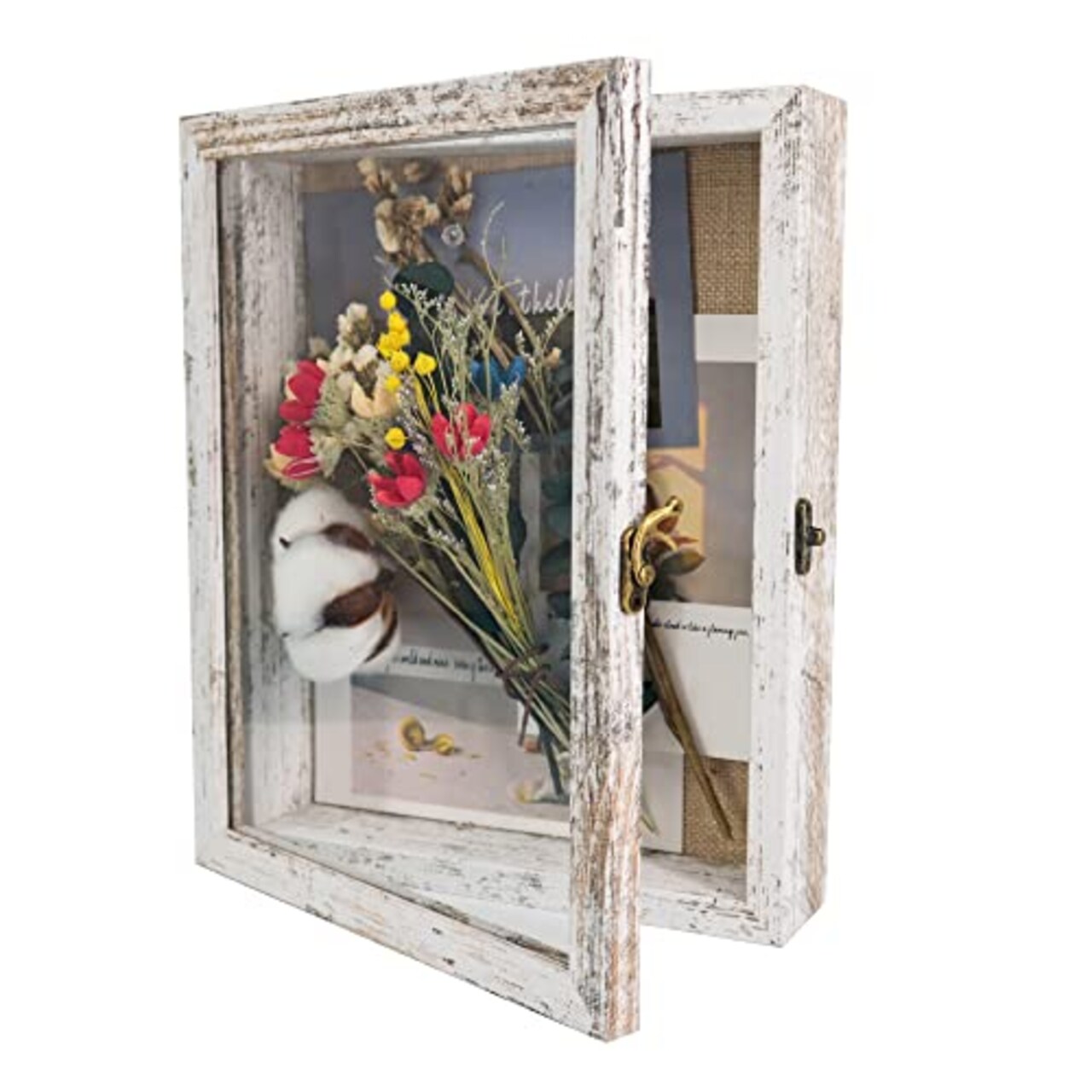 GraduationMall 8x10 Wood Shadow Box Frame Glass Door Display Case with Linen Back and 6 Stick Pins,1.5 inches Interior Depth,Ideal for Memorabilia Pictures Flowers Medals Tickets Rustic White